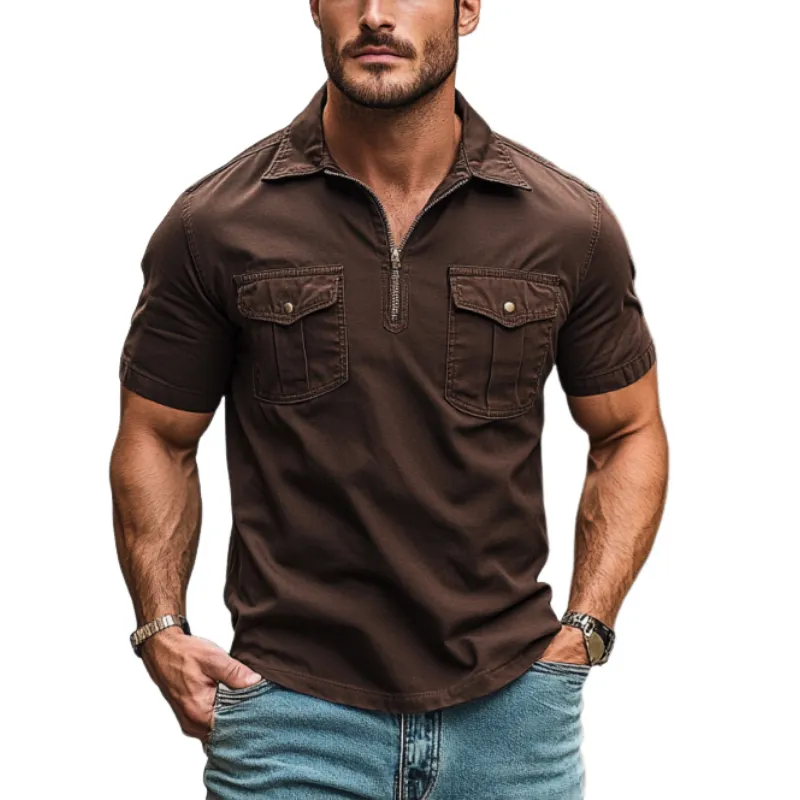 Men Fashion Cotton Double Chest Pockets Zipper Lapel Short Sleeve Polo Shirt 03698176Y sold by Manly