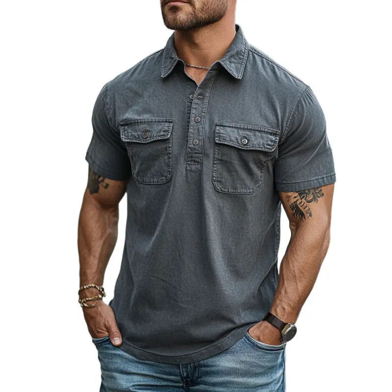 Men Fashion Washed Cotton Double Chest Pockets Short Sleeve Polo Shirt 66047791Y sold by Manly