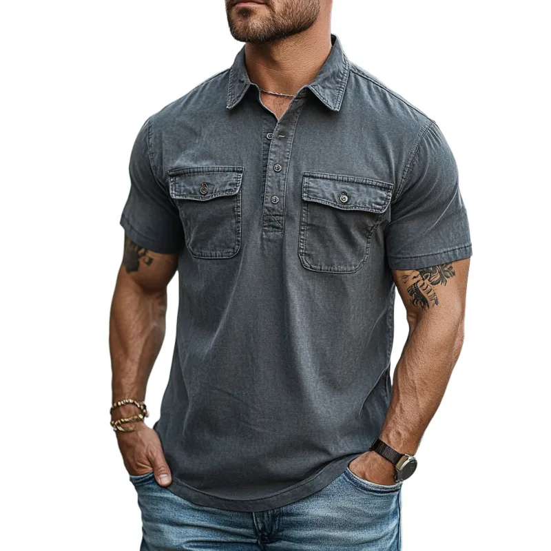 Men Fashion Washed Cotton Double Chest Pockets Short Sleeve Polo Shirt 66047791Y sold by Manly