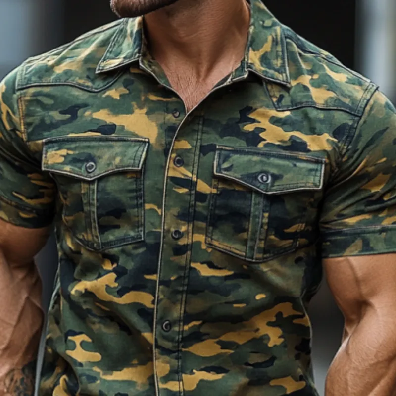 Men's Vintage Slim Fit Camouflage Print Double Chest Pocket Short Sleeve Shirt 79430700Y sold by Manly product image thumbnail 2