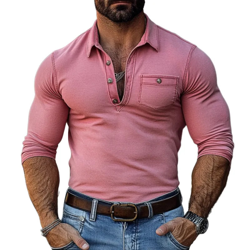 Men Fashion Washed Cotton Slim Fit Chest Pockets Long Sleeve Polo Shirt 11275483Y sold by Manly