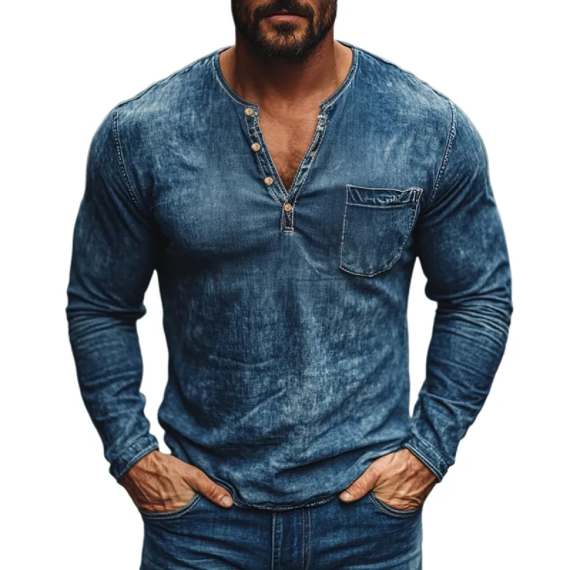 Men's Fashion Washed Button V-neck Denim Long Sleeve T-Shirt 86307388Y sold by Manly