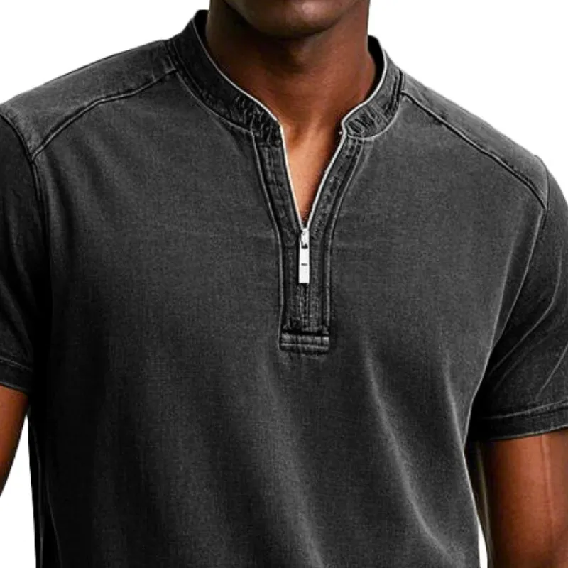 Men Fashion Washed Cotton Zipper Neck Short Sleeve T-Shirt 13427012Y sold by Manly product image thumbnail 2