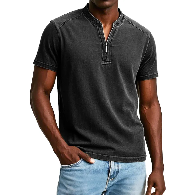 Men Fashion Washed Cotton Zipper Neck Short Sleeve T-Shirt 13427012Y sold by Manly