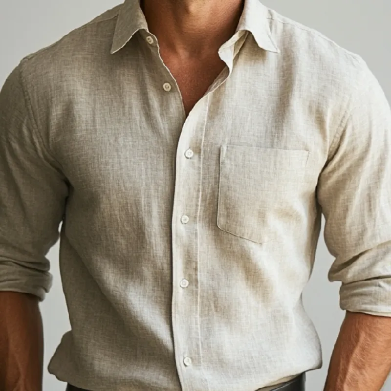 Men's Casual Cotton and Linen Lapel Long-sleeved Shirt 76325610F sold by Manly product image thumbnail 3