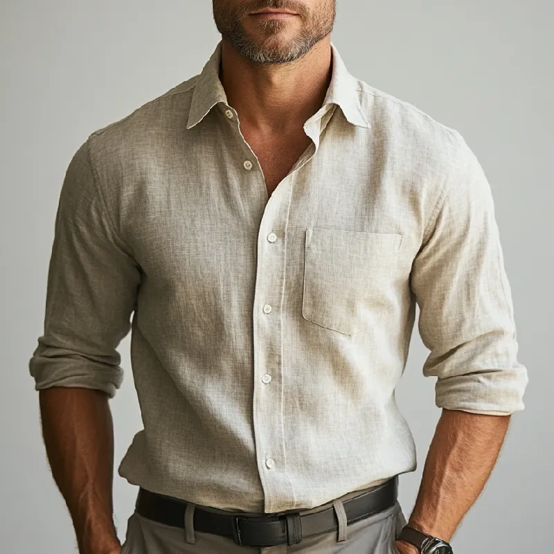 Men's Casual Cotton and Linen Lapel Long-sleeved Shirt 76325610F sold by Manly product image thumbnail 2