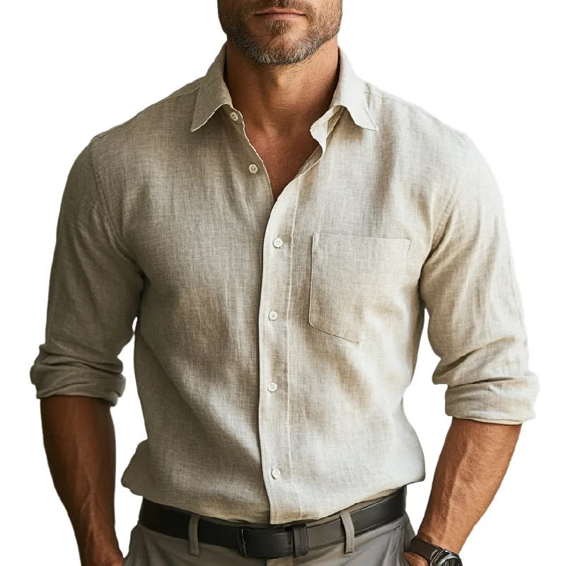 Men's Casual Cotton and Linen Lapel Long-sleeved Shirt 76325610F sold by Manly