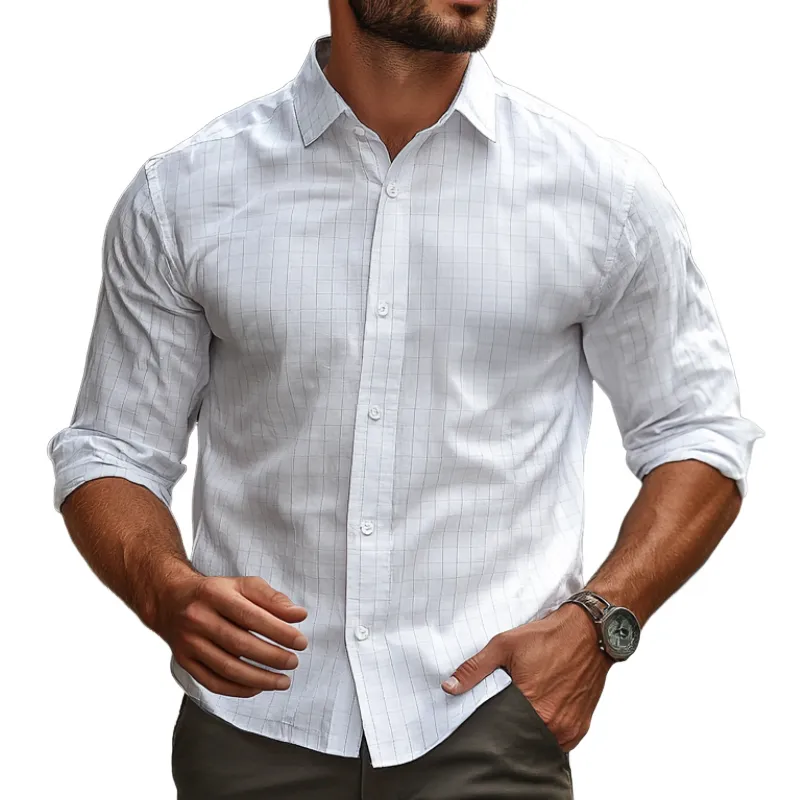 Men's Fashion Plaid Cotton and Linen Lapel Long Sleeve Shirt 46209058F sold by Manly