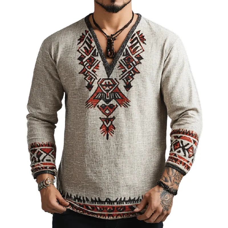 Men's Fashionable All-match V-neck Cotton and Linen Printed Long-sleeved T-shirt 91241618F sold by Manly