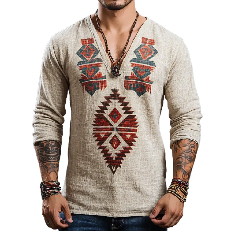 Men's Casual V-neck Cotton and Linen Printed Long Sleeve T-shirt 15052498F sold by Manly