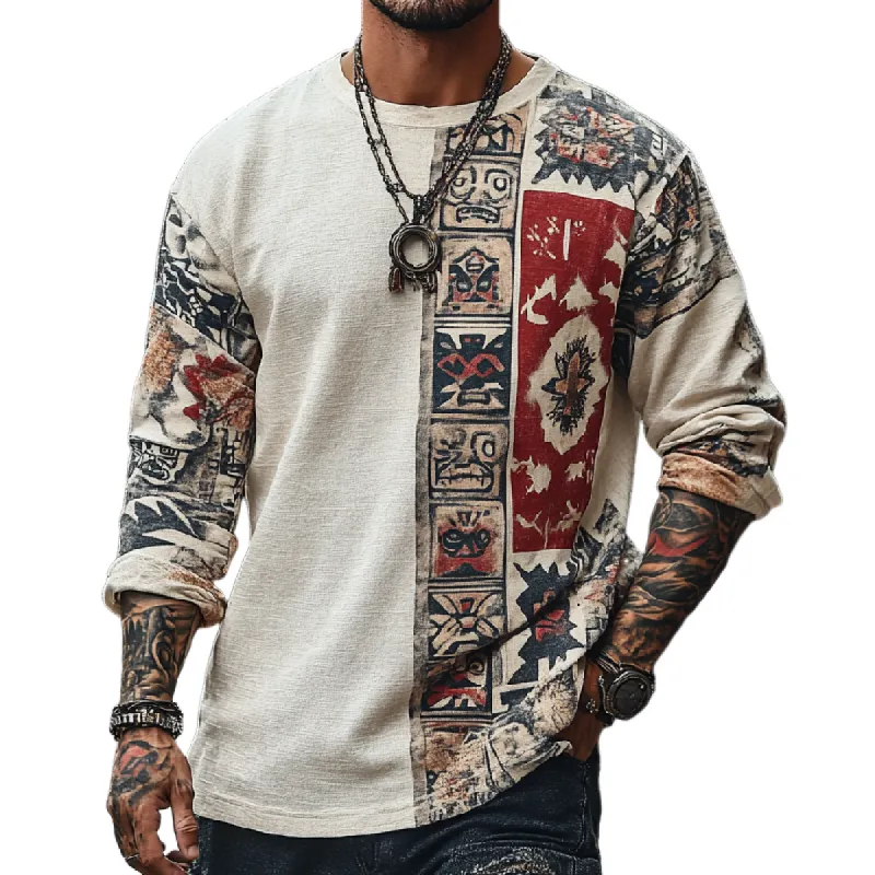 Men's Casual Round Neck Cotton and Linen Printed Long-sleeved T-shirt 37476652F sold by Manly