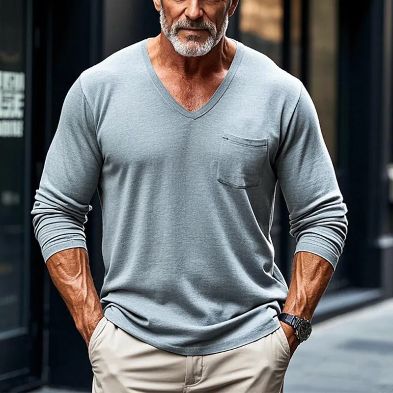 Men's Solid Color V-neck Long-sleeved T-shirt 51572775X sold by Manly product image thumbnail 2