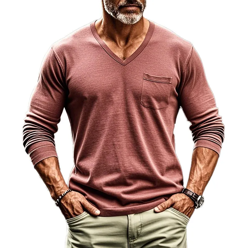 Men's Solid Color V-neck Long-sleeved T-shirt 51572775X sold by Manly