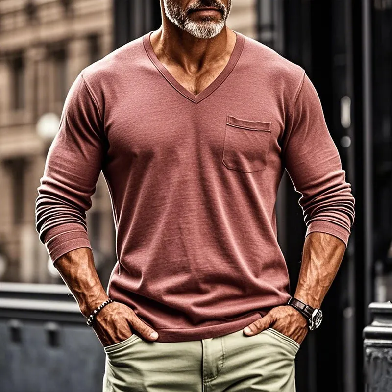 Men's Solid Color V-neck Long-sleeved T-shirt 51572775X sold by Manly product image thumbnail 3