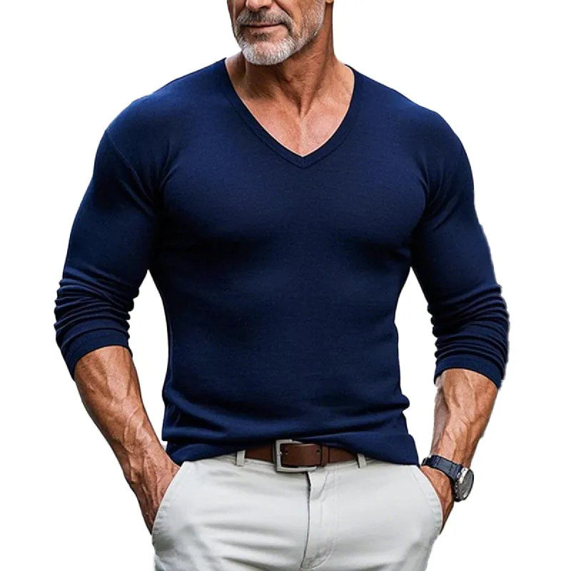 Men's Cotton Blended V-Neck Long Sleeve Solid Color T-Shirt 62367418X sold by Manly