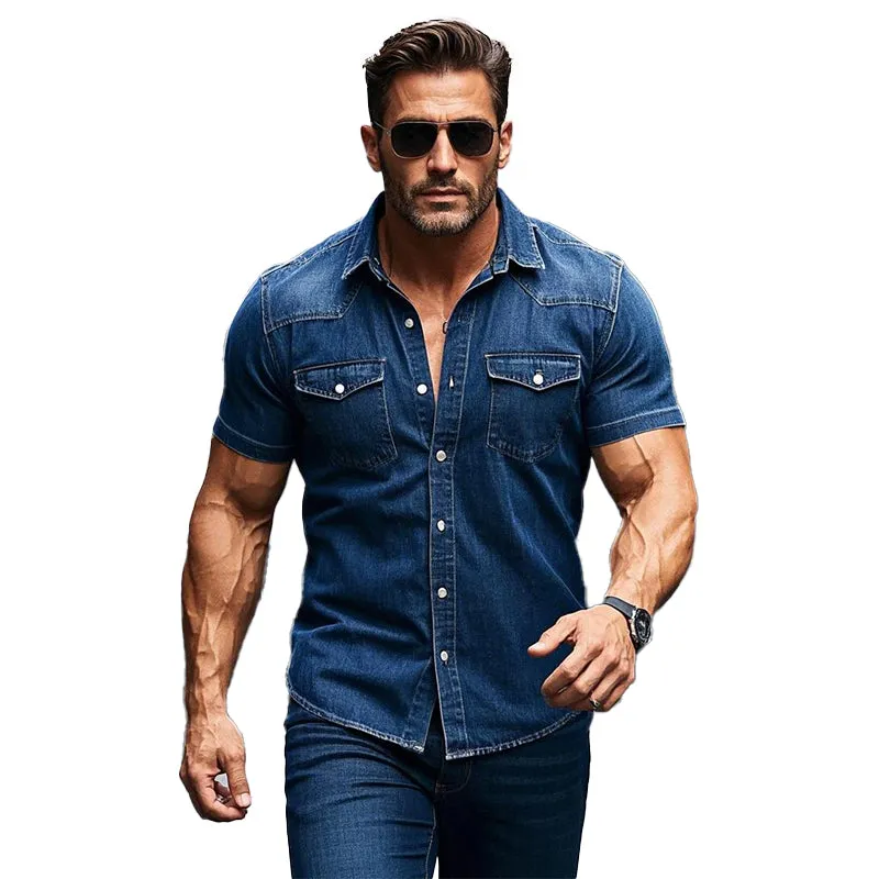 Men's Vintage Washed Short Sleeve Lapel Denim Shirt 59760821X sold by Manly product image thumbnail 4