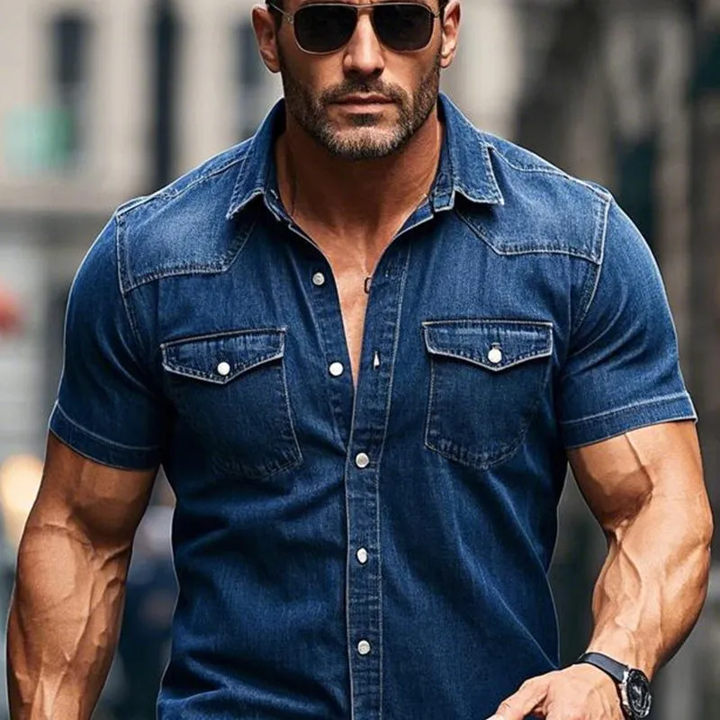 Men's Vintage Washed Short Sleeve Lapel Denim Shirt 59760821X sold by Manly product image thumbnail 3