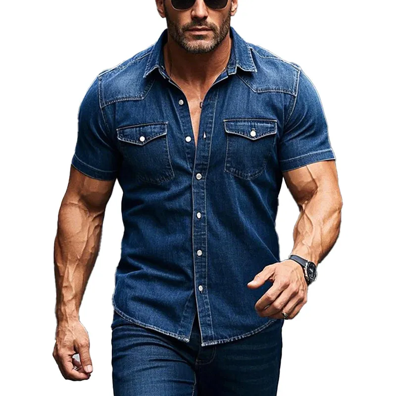 Men's Vintage Washed Short Sleeve Lapel Denim Shirt 59760821X sold by Manly