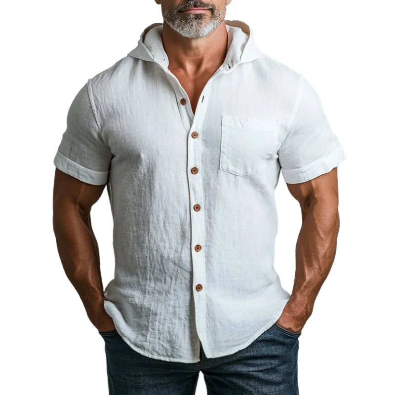 Men's Retro Casual Linen Pocket Hooded Short Sleeve Shirt 05712583TO sold by Manly