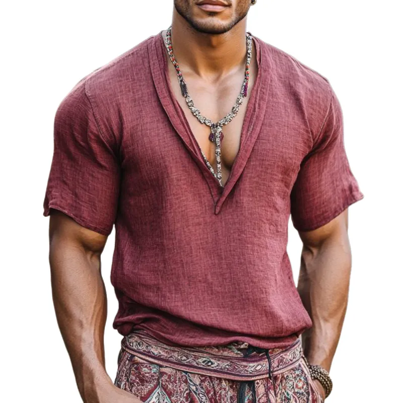 Men's Retro Casual Solid Color Linen V-Neck Short Sleeve Shirt 39723472TO sold by Manly