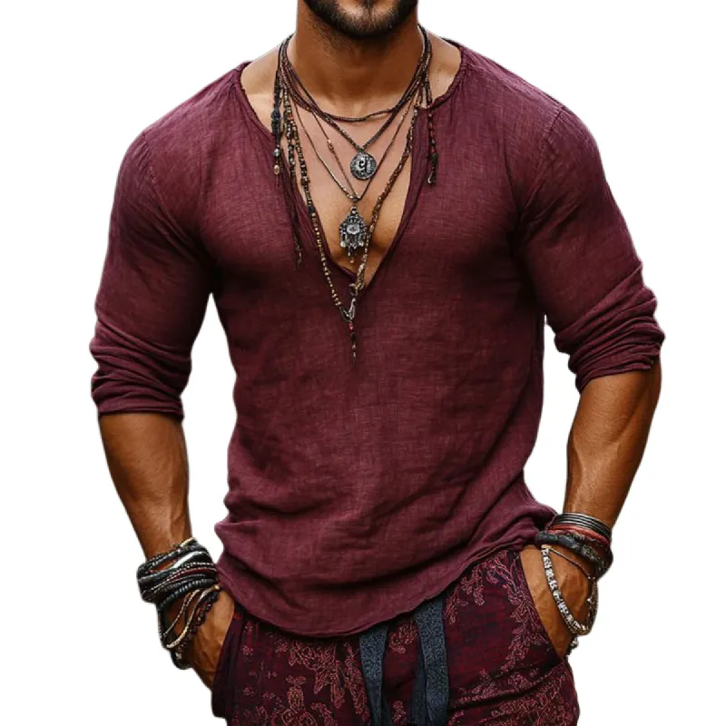 Men's Retro Casual Solid Color Linen V-Neck Long Sleeve Shirt 75725404TO sold by Manly