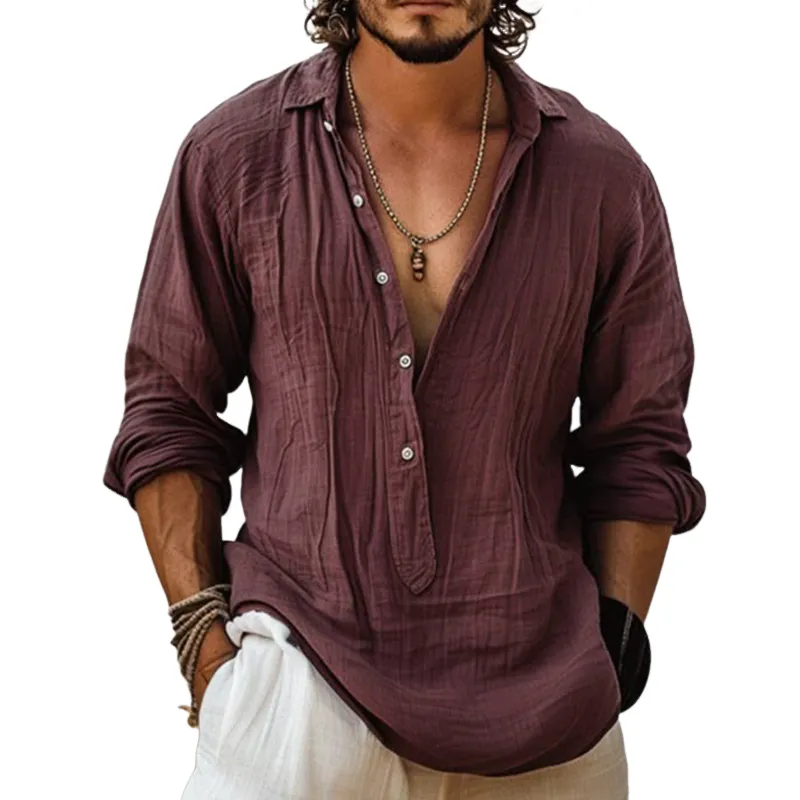 Men's Retro Casual Solid Color Linen Lapel Long Sleeve Shirt 95685973TO sold by Manly