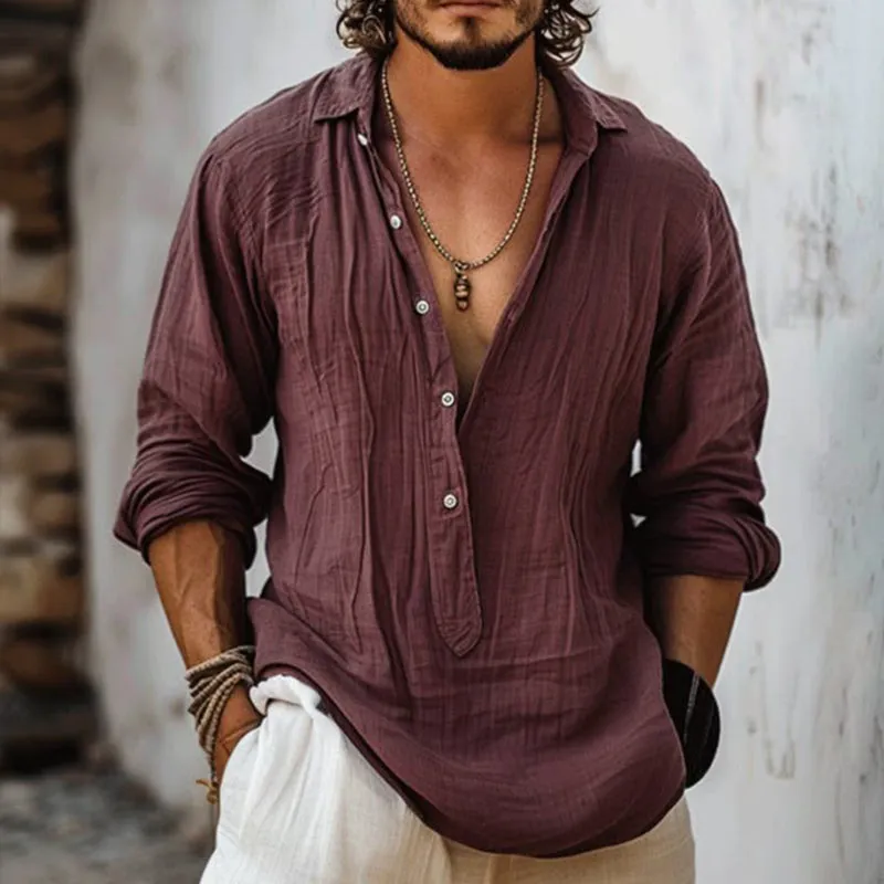 Men's Retro Casual Solid Color Linen Lapel Long Sleeve Shirt 95685973TO sold by Manly product image thumbnail 2