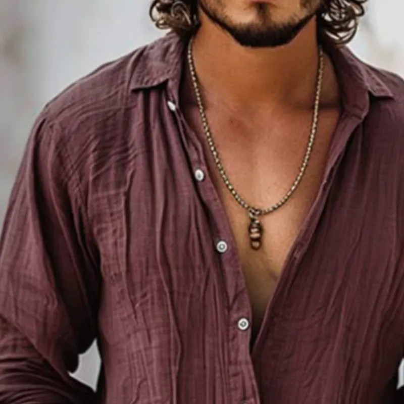 Men's Retro Casual Solid Color Linen Lapel Long Sleeve Shirt 95685973TO sold by Manly product image thumbnail 3