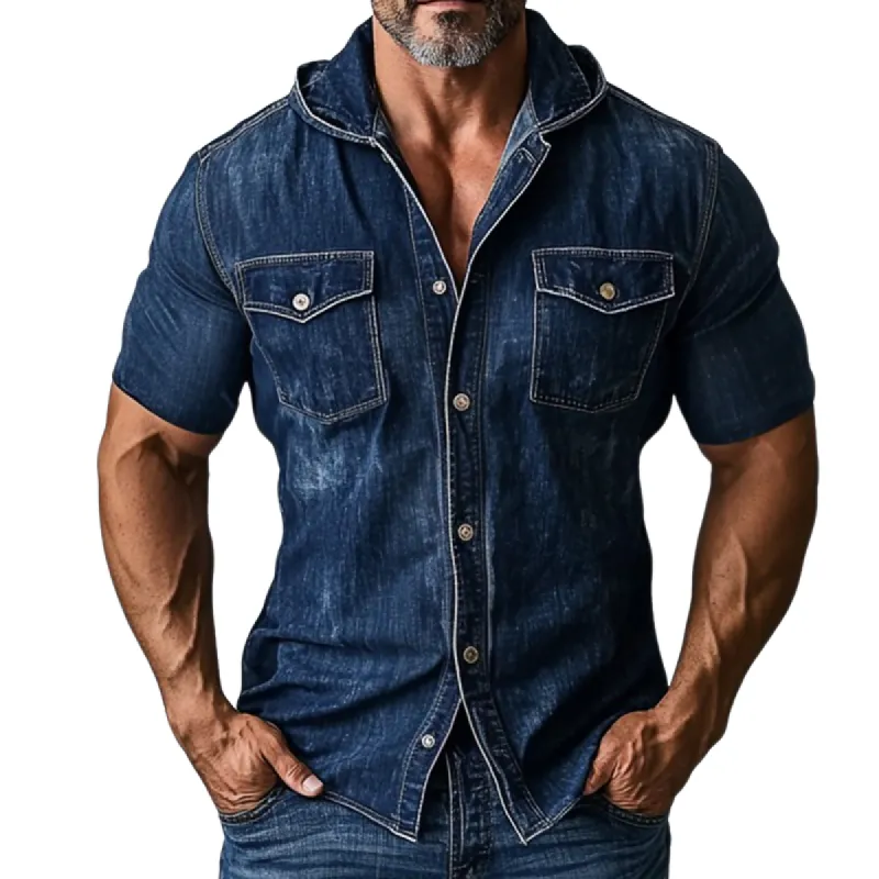 Men's Retro Casual Washed Denim Hooded Short Sleeve Shirt 72396849TO sold by Manly