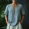 Men's Casual Linen V-Neck Bohemian Trim Slim Fit Short Sleeve Shirt 58984467M sold by Manly
