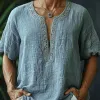 Men's Casual Linen V-Neck Bohemian Trim Slim Fit Short Sleeve Shirt 58984467M sold by Manly
