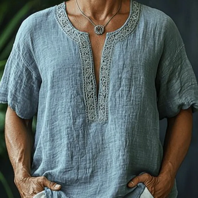 Men's Casual Linen V-Neck Bohemian Trim Slim Fit Short Sleeve Shirt 58984467M sold by Manly product image thumbnail 3