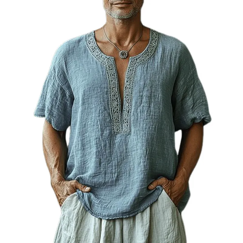 Men's Casual Linen V-Neck Bohemian Trim Slim Fit Short Sleeve Shirt 58984467M sold by Manly