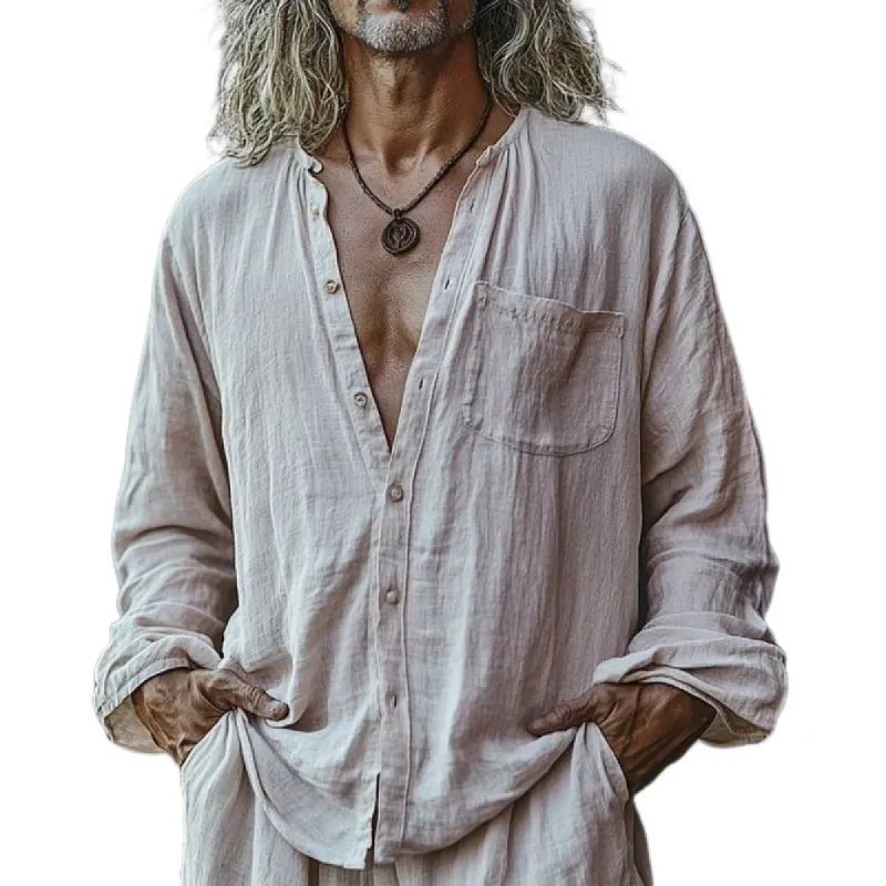 Men's Casual Cotton Linen Round Neck Single-breasted Loose Long-sleeved Shirt 56319823M sold by Manly