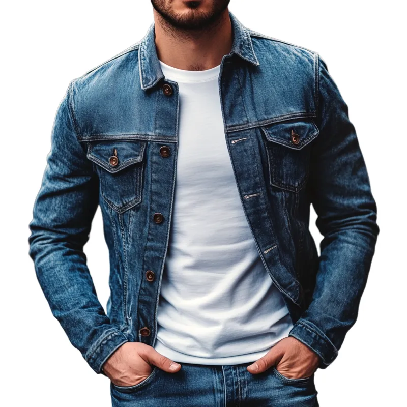 Men's Fashion Distressed Lapel Single Breasted Denim Jacket 37091886Z sold by Manly