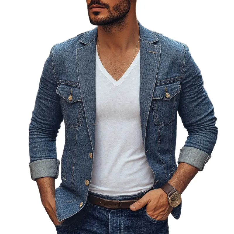 Men's Distressed Notch Lapel Single Breasted Denim Blazer 10317662Z sold by Manly
