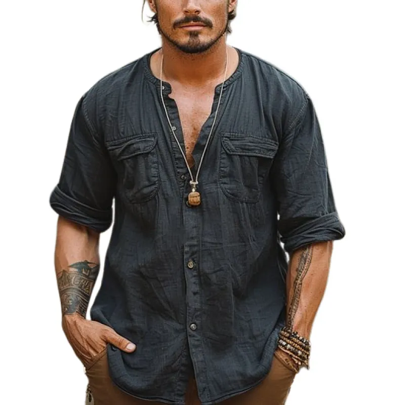 Men's Casual Linen Round Neck Chest Pockets Loose Long Sleeve Shirt 39618791M sold by Manly