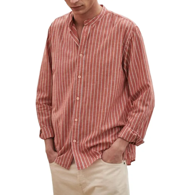 Men's Casual Cotton Linen Contrast Striped Stand Collar Loose Long Sleeve Shirt 49780817M sold by Manly