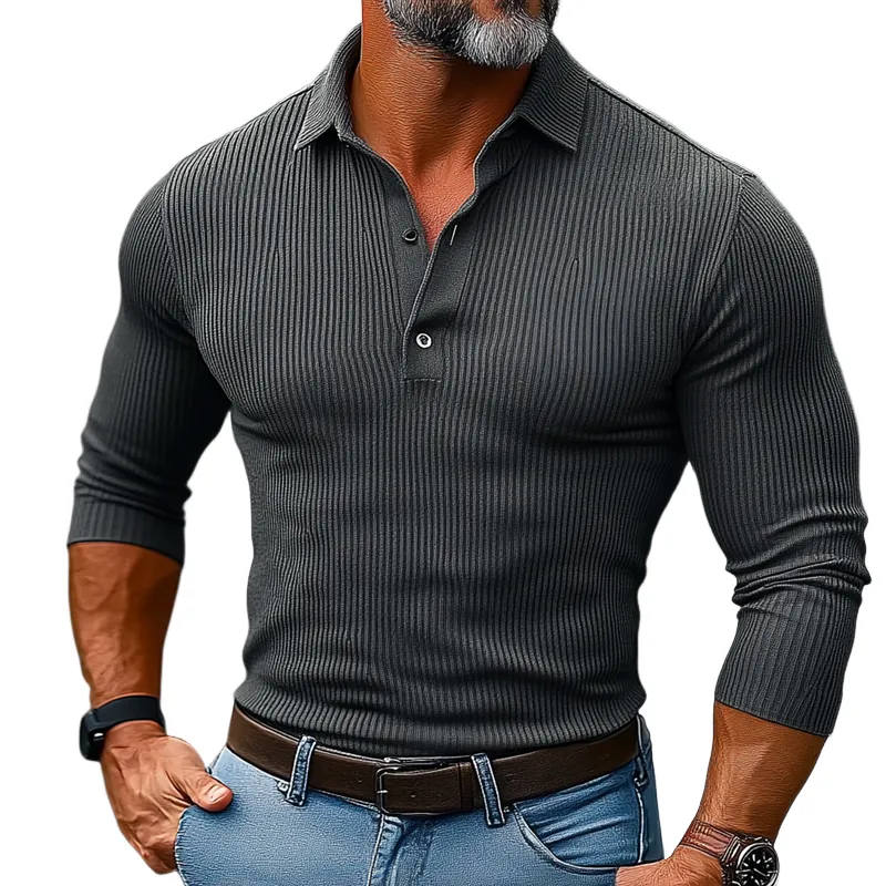 Men's Solid Striped Lapel Long Sleeve Polo Shirt 70958505Z sold by Manly