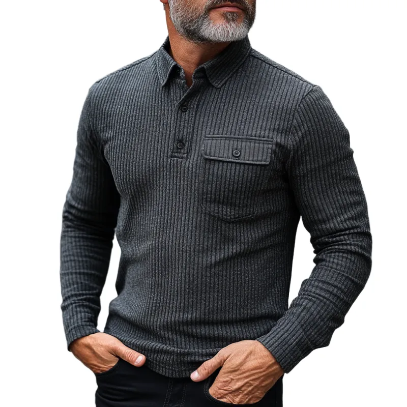 Men's Solid Striped Lapel Long Sleeve Polo Shirt 50513290Z sold by Manly