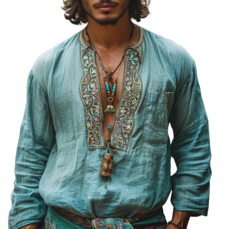 Men's Fashion Ethnic Style Embroidery V Neck Long Sleeve Cotton And Linen Shirt 31722649Z sold by Manly
