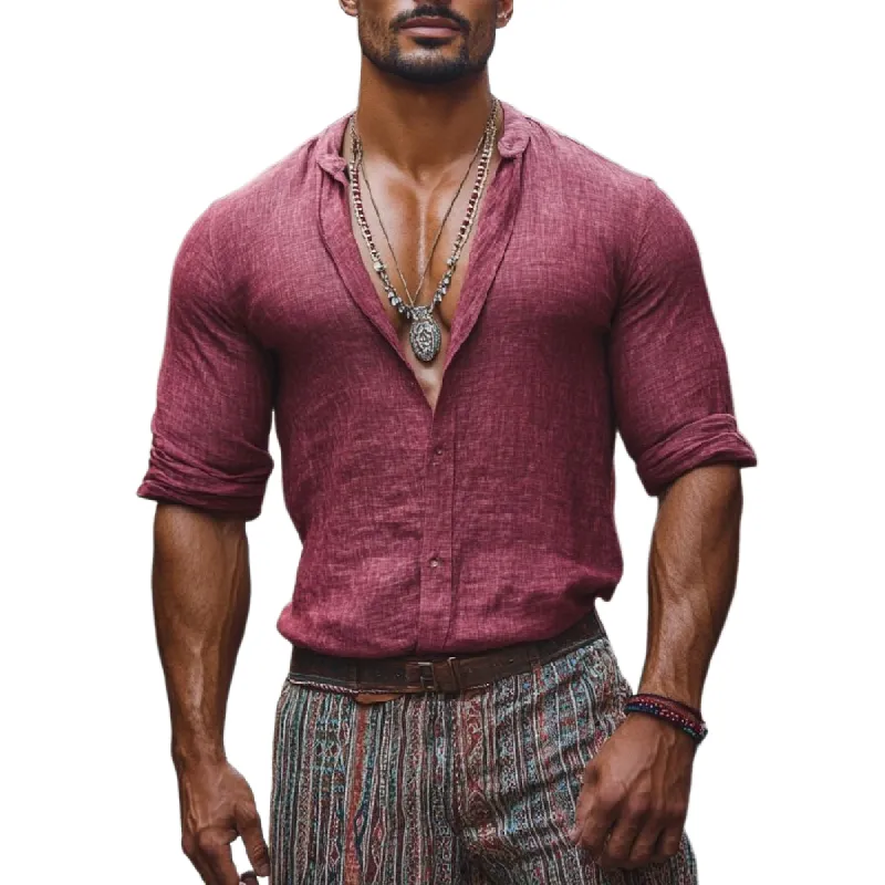 Men's Vintage Linen Stand Collar Single Breasted Slim Fit Long Sleeve Shirt 11285842M sold by Manly