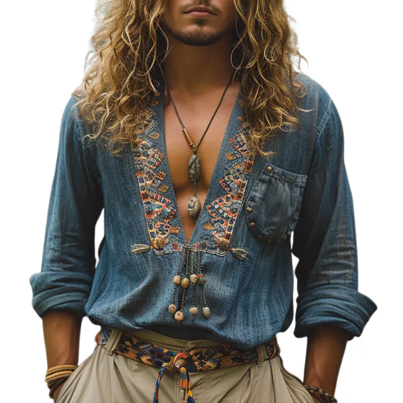 Men's Fashion Ethnic Style Embroidery V Neck Long Sleeve Cotton And Linen Shirt 25886927Z sold by Manly