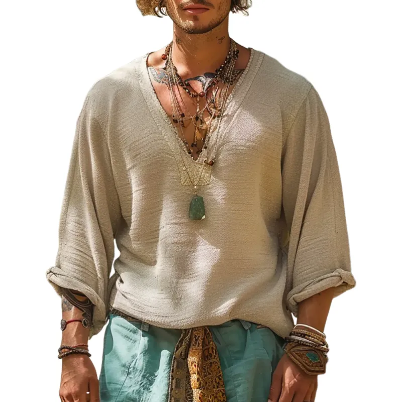 Men's Solid Loose Cotton And Linen V Neck Long Sleeve Shirt 54812645Z sold by Manly