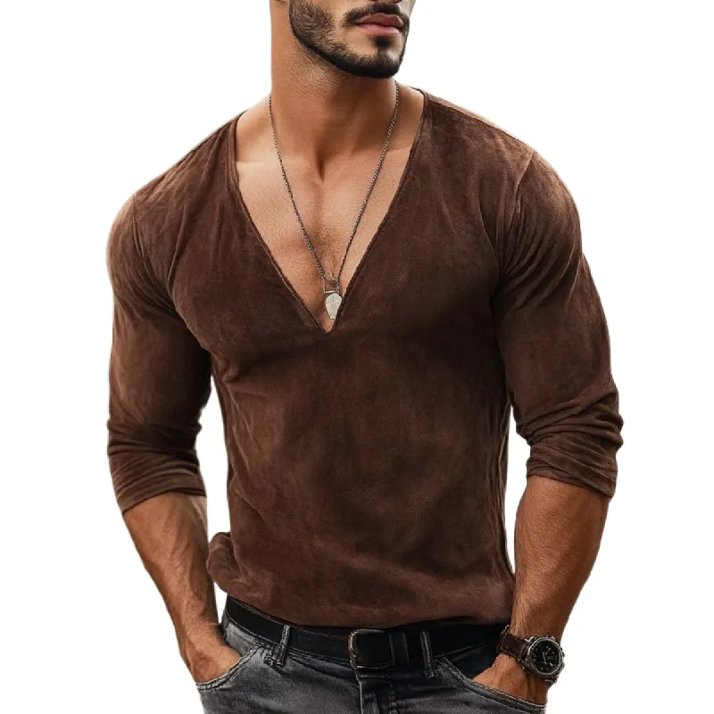 Men's Vintage Suede Deep V Neck Slim Fit Long Sleeve T-Shirt 17321355M sold by Manly