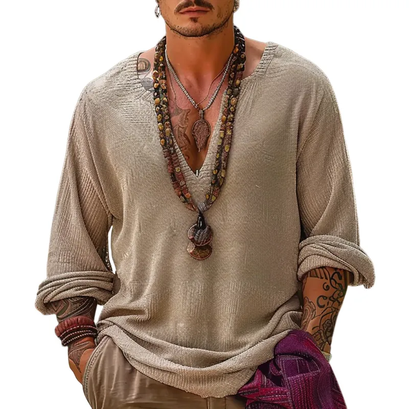 Men's Solid Loose Knitted V Neck Long Sleeve Casual Sweater 90348710Z sold by Manly