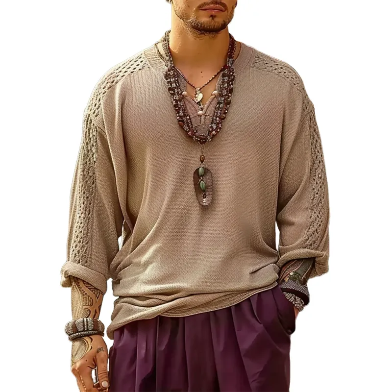 Men's Solid Loose Knitted V Neck Long Sleeve Casual Sweater 97137501Z sold by Manly