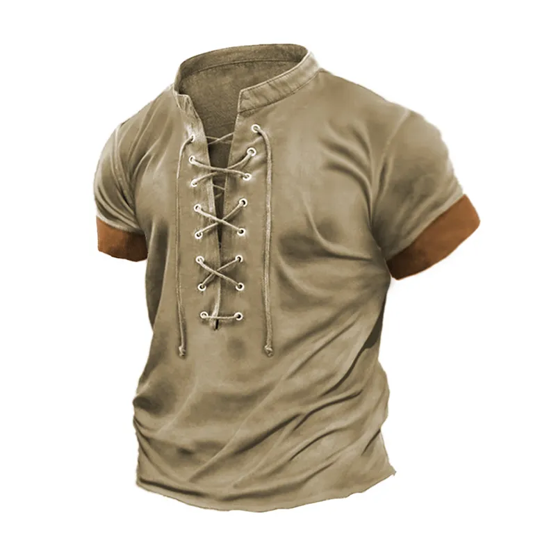 Men's Casual V-neck Lace-up Slim Cotton Short-sleeved T-shirt 27190371K sold by Manly