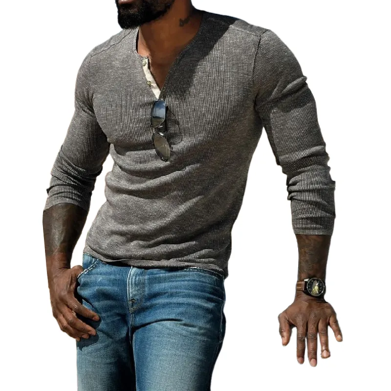Men's Casual Henley Collar Slim Fit Long Sleeve T-Shirt 24879716M sold by Manly