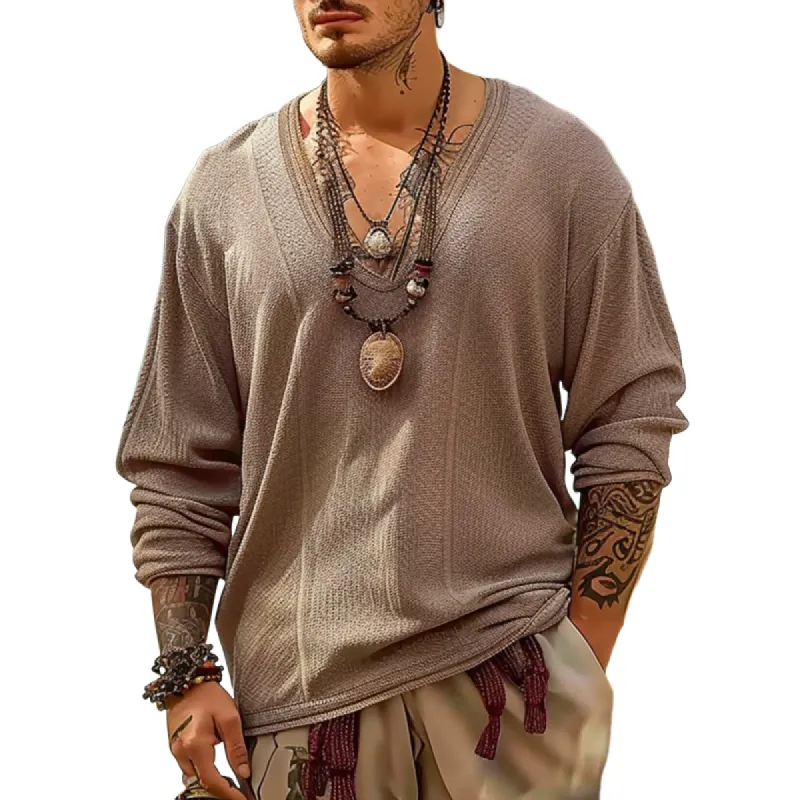 Men's Solid Loose Knitted V Neck Long Sleeve Casual Sweater 71516356Z sold by Manly